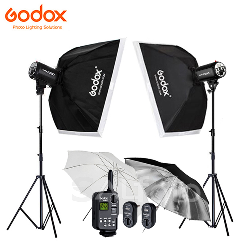 Photography Lighting Kit Godox - Godox-フラッシュライトおよび送信機セット,2x e300 300ws/e250 250ws,60x90cmソフトボックス2mスタンド送信機トリガー-16セット